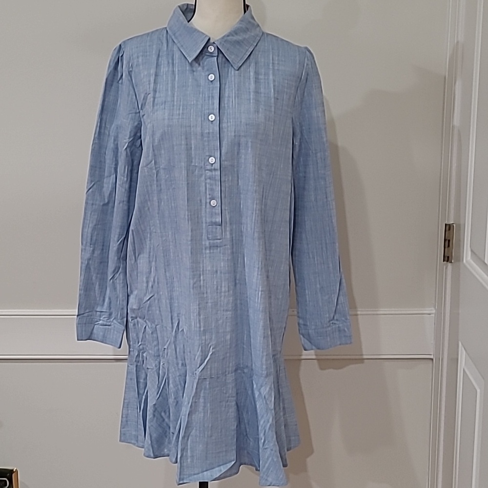 Light Blue Long Sleeve Button-Front Shirt Dress